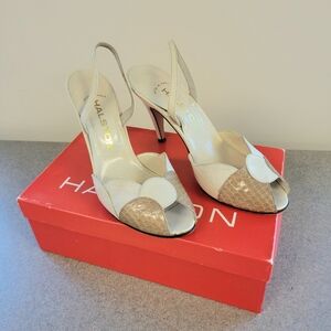 Vintage Halston Cream and Snakeskin Leather Slingback Shoes